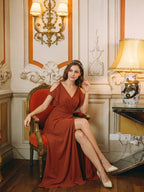 Simple Rust Chiffon A-Line V-Neck V-Back Ankle-Length Bridesmaid Dress - Curvevia