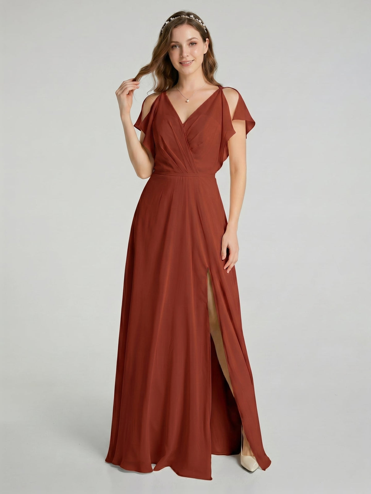 Simple Rust Chiffon A-Line V-Neck V-Back Ankle-Length Bridesmaid Dress - Curvevia