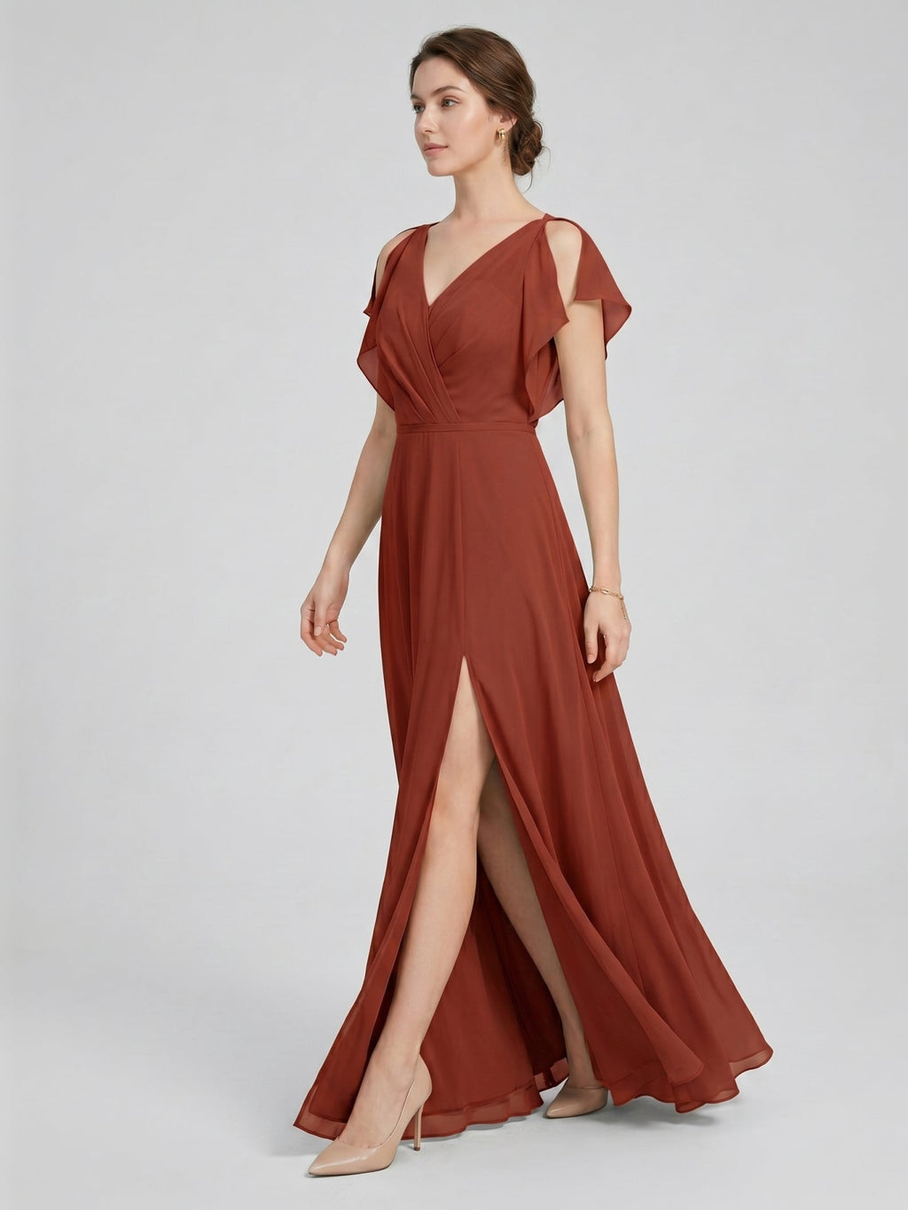 Simple Rust Chiffon A-Line V-Neck V-Back Ankle-Length Bridesmaid Dress - Curvevia