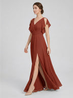Simple Rust Chiffon A-Line V-Neck V-Back Ankle-Length Bridesmaid Dress - Curvevia