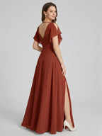 Simple Rust Chiffon A-Line V-Neck V-Back Ankle-Length Bridesmaid Dress - Curvevia