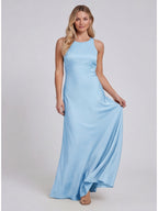 Simple Sky Blue Matte Satin A-Line Scoop Neck Lace-up Ankle-Length Bridesmaid Dress - Curvevia
