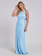 Simple Sky Blue Matte Satin A-Line Scoop Neck Lace-up Ankle-Length Bridesmaid Dress - Curvevia