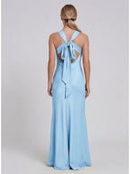 Simple Sky Blue Matte Satin A-Line Scoop Neck Lace-up Ankle-Length Bridesmaid Dress - Curvevia