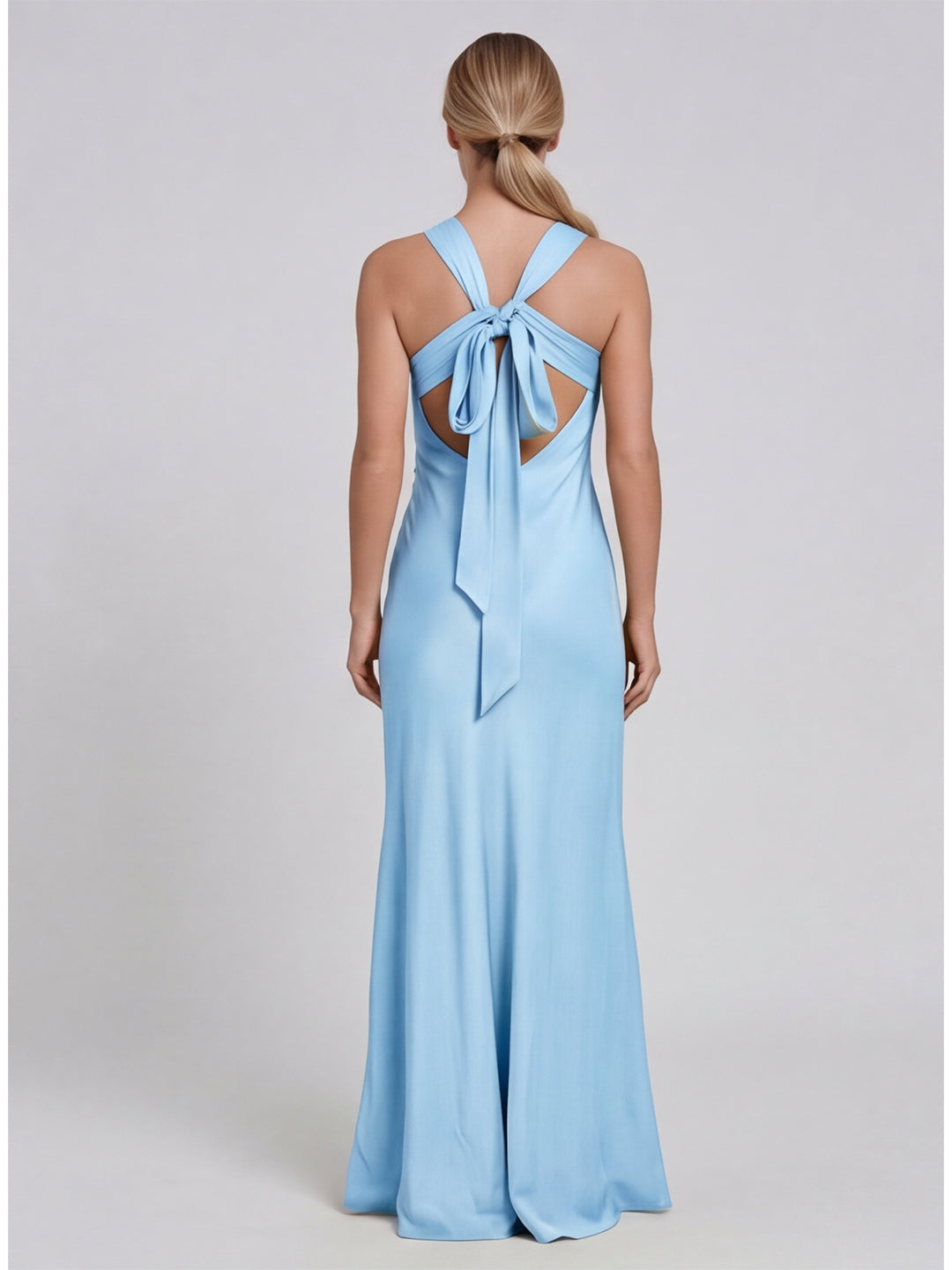 Simple Sky Blue Matte Satin A-Line Scoop Neck Lace-up Ankle-Length Bridesmaid Dress - Curvevia