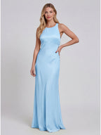 Simple Sky Blue Matte Satin A-Line Scoop Neck Lace-up Ankle-Length Bridesmaid Dress - Curvevia