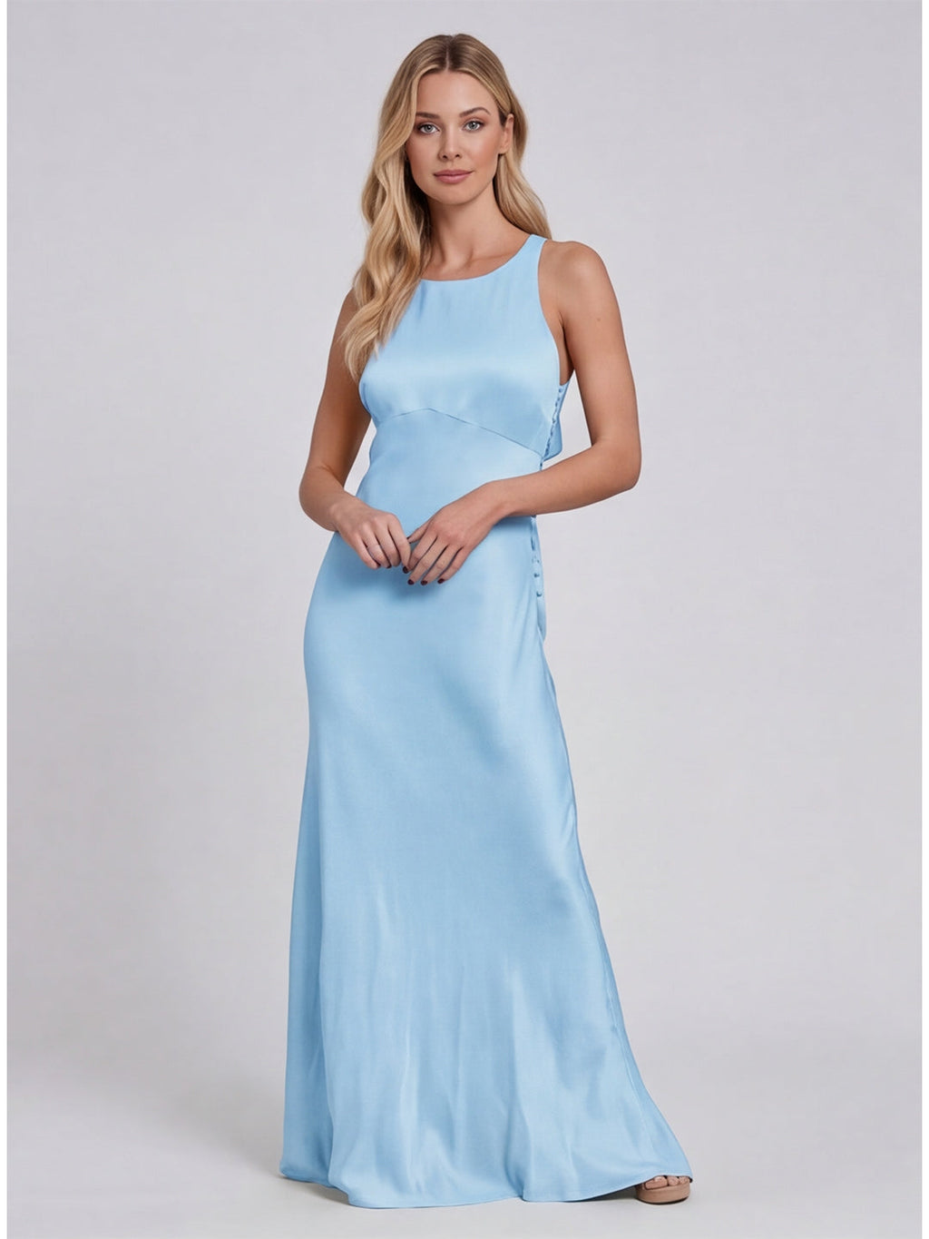 Simple Sky Blue Matte Satin A-Line Scoop Neck Lace-up Ankle-Length Bridesmaid Dress - Curvevia
