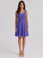 Simple Slate Blue Chiffon A-Line V-Neck Back Zip Knee-Length Bridesmaid Dress - Curvevia