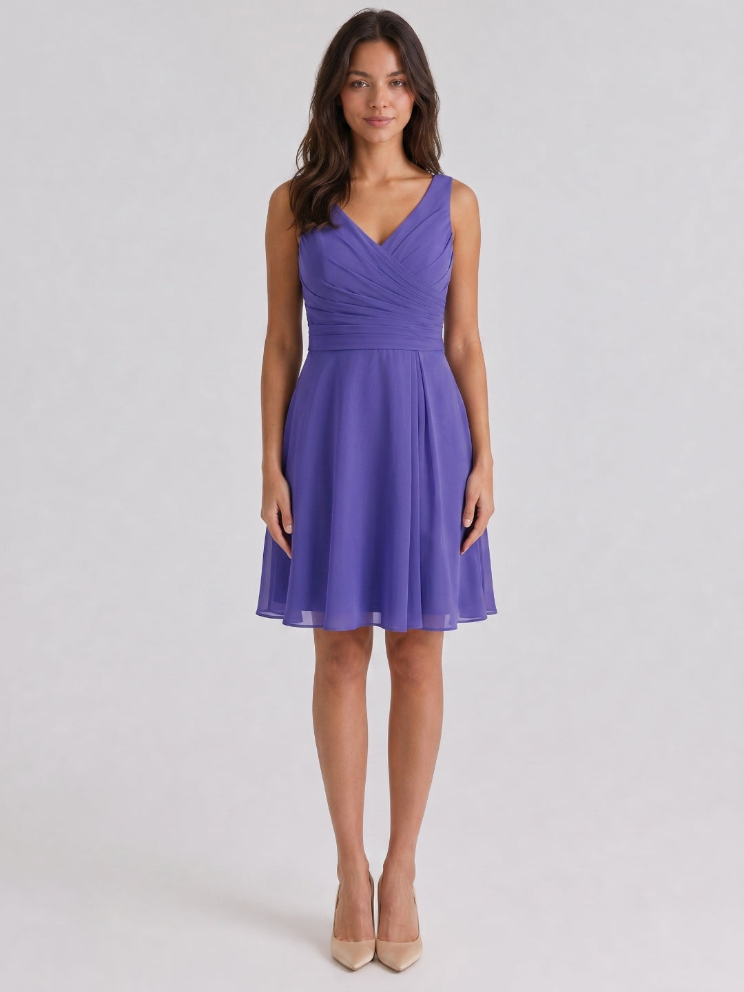 Simple Slate Blue Chiffon A-Line V-Neck Back Zip Knee-Length Bridesmaid Dress - Curvevia
