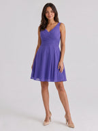 Simple Slate Blue Chiffon A-Line V-Neck Back Zip Knee-Length Bridesmaid Dress - Curvevia