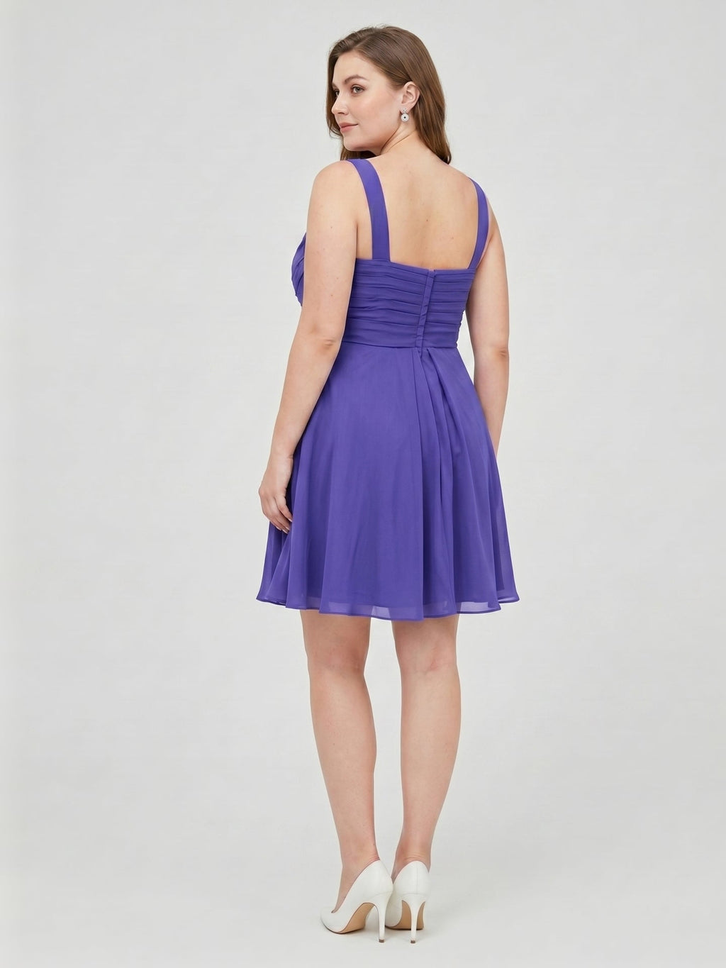 Simple Slate Blue Chiffon A-Line V-Neck Back Zip Knee-Length Bridesmaid Dress - Curvevia