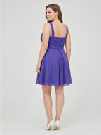 Simple Slate Blue Chiffon A-Line V-Neck Back Zip Knee-Length Bridesmaid Dress - Curvevia