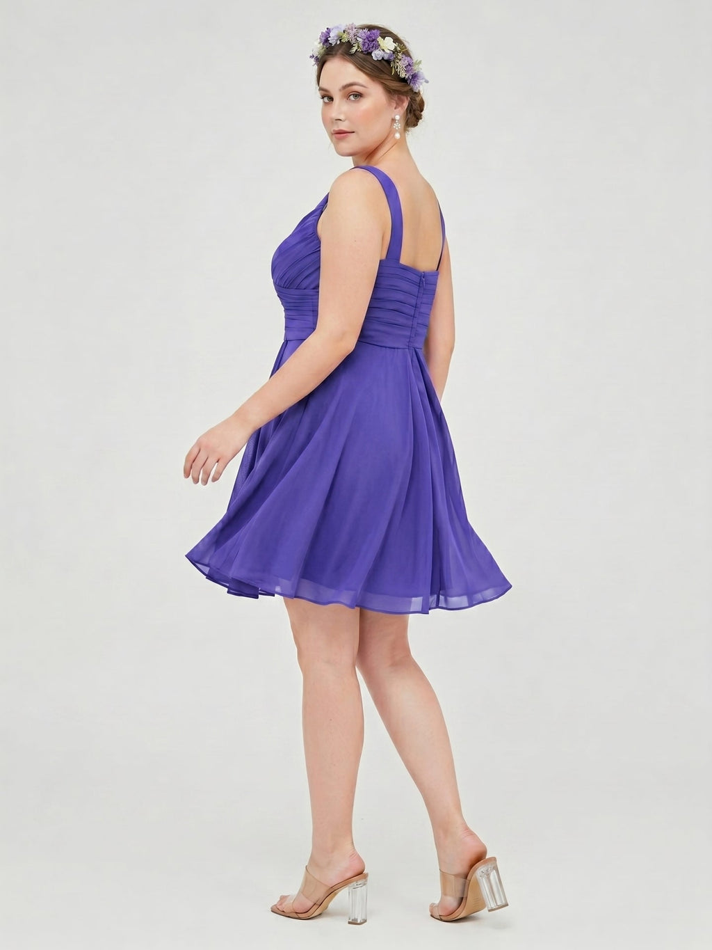 Simple Slate Blue Chiffon A-Line V-Neck Back Zip Knee-Length Bridesmaid Dress - Curvevia
