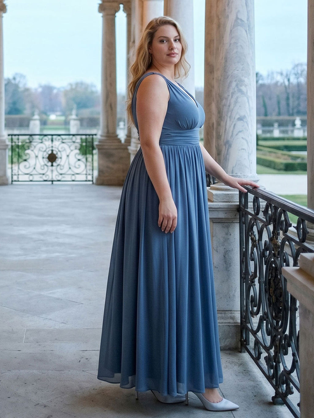 Simple Stormy Chiffon Empire V-Neck Back Zip Ankle-Length Plus Size Bridesmaid Dress - Curvevia