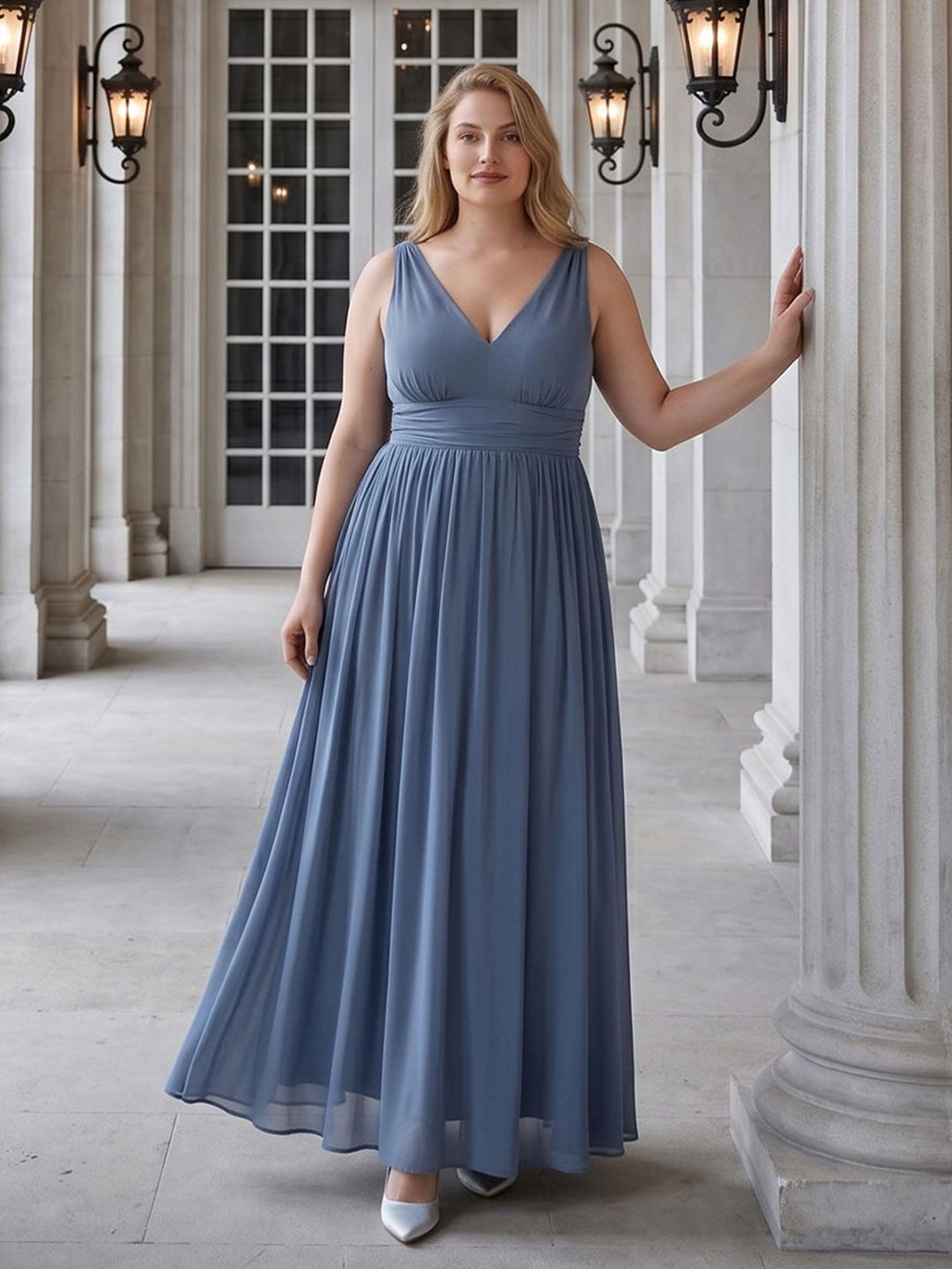 Simple Stormy Chiffon Empire V-Neck Back Zip Ankle-Length Plus Size Bridesmaid Dress - Curvevia