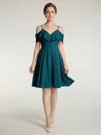 Simple Teal Chiffon A-Line Sweetheart Backless with Pleated Knee-Length Bridesmaid Dress - Curvevia
