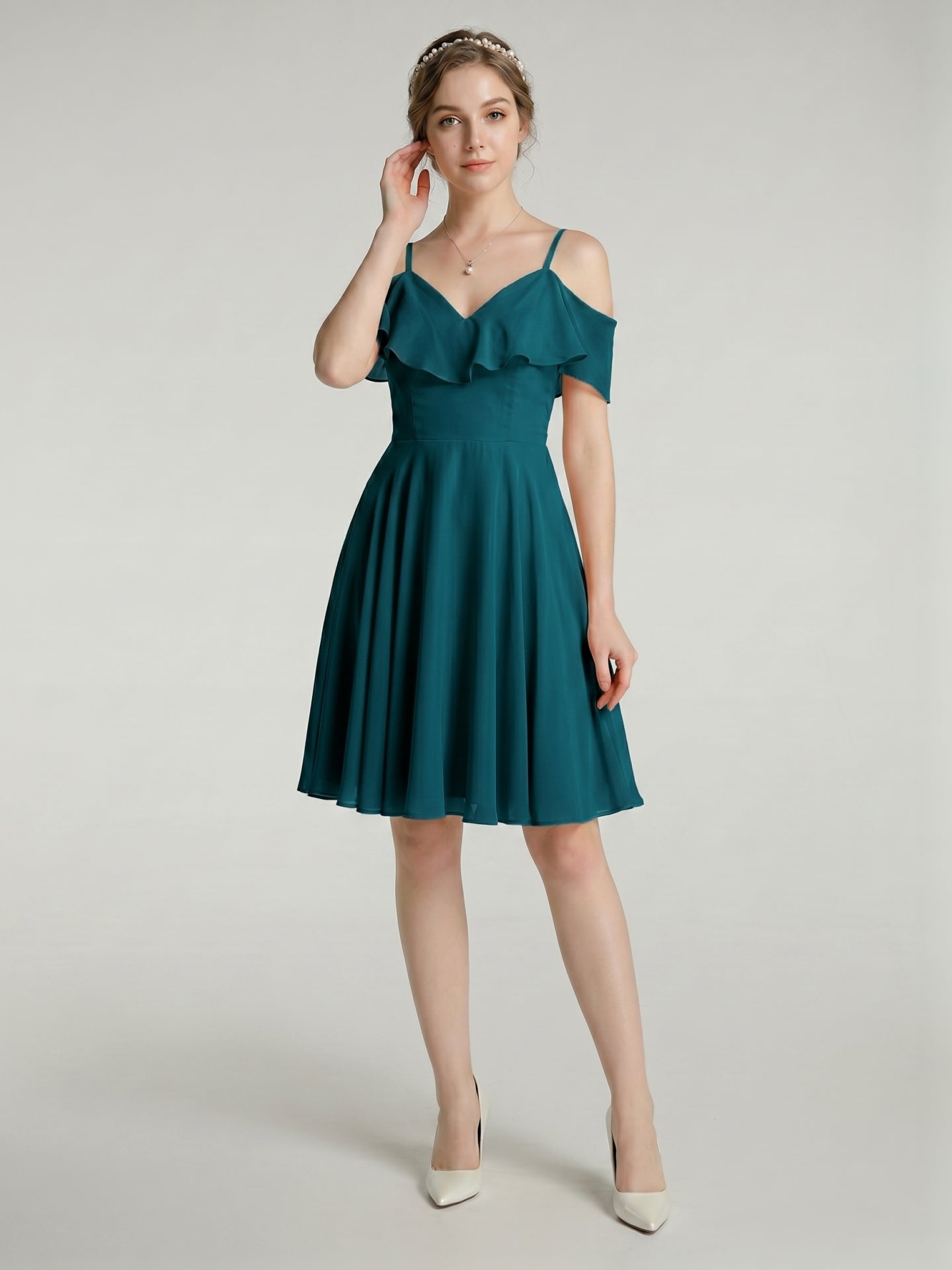 Simple Teal Chiffon A-Line Sweetheart Backless with Pleated Knee-Length Bridesmaid Dress - Curvevia