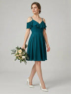 Simple Teal Chiffon A-Line Sweetheart Backless with Pleated Knee-Length Bridesmaid Dress - Curvevia