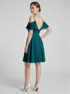 Simple Teal Chiffon A-Line Sweetheart Backless with Pleated Knee-Length Bridesmaid Dress - Curvevia