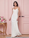 Simple White Satin A-Line V-Neck Backless Ankle-Length Bridesmaid Dress - Curvevia