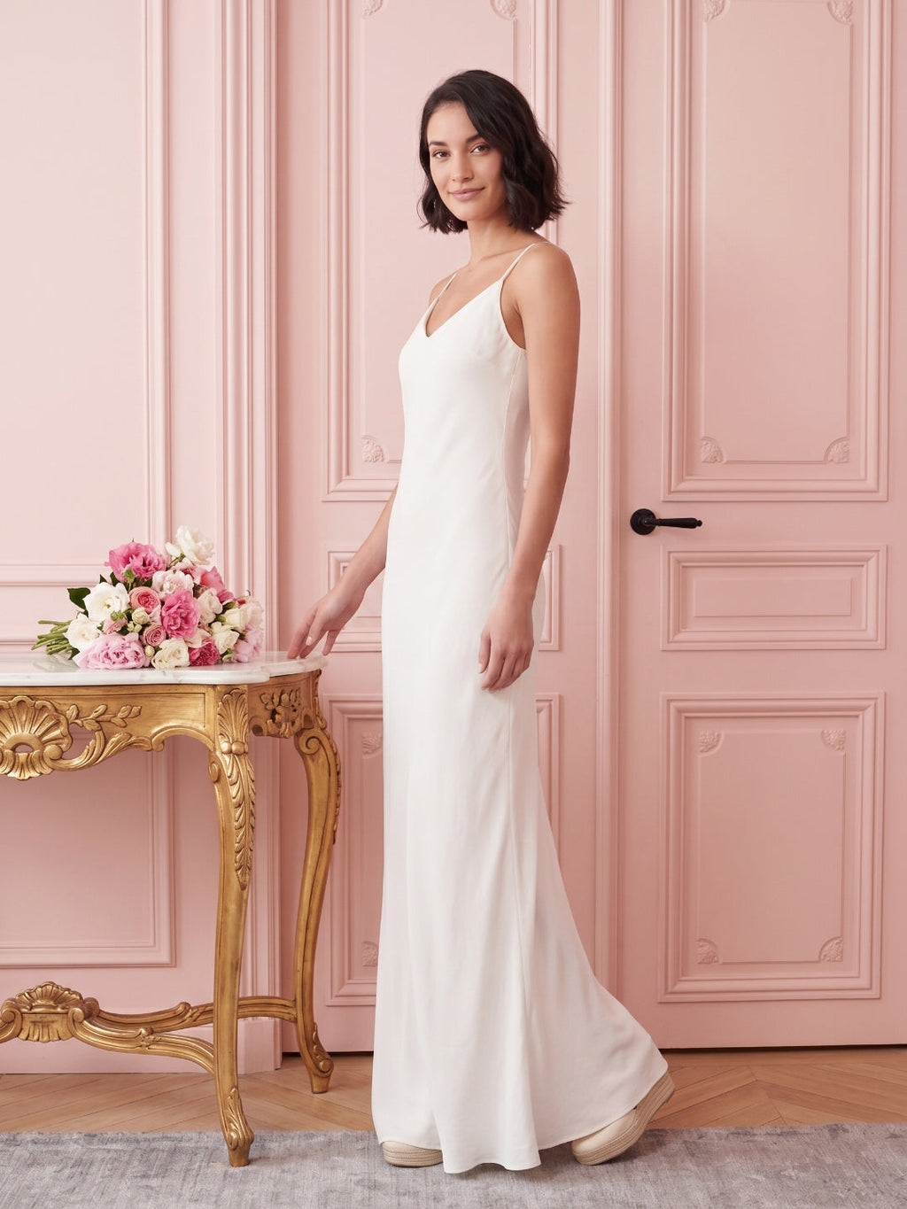 Simple White Satin A-Line V-Neck Backless Ankle-Length Bridesmaid Dress - Curvevia