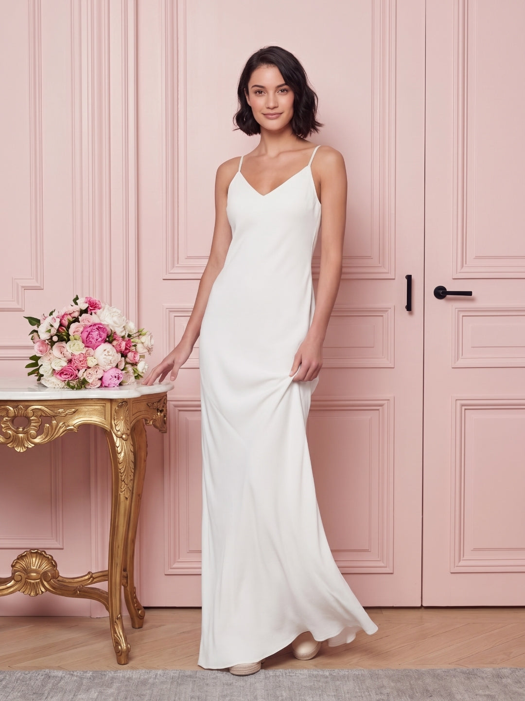 Simple White Satin A-Line V-Neck Backless Ankle-Length Bridesmaid Dress - Curvevia