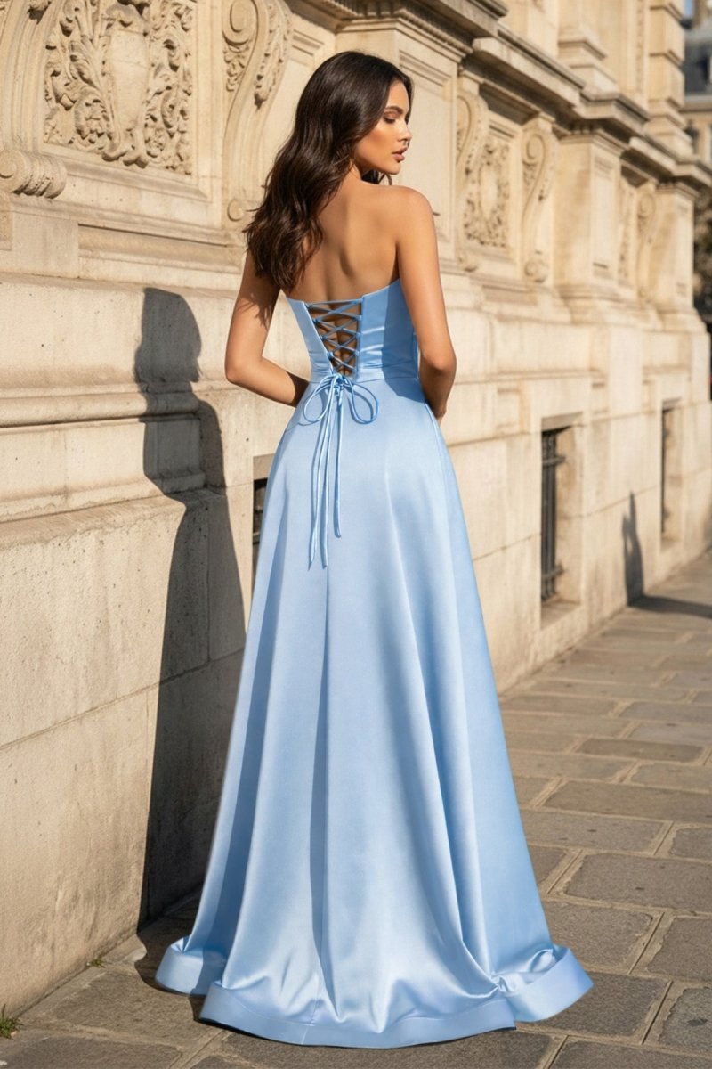 A Line Black Strapless Satin Evening Dress With Slit - Curvevia