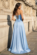 A Line Black Strapless Satin Evening Dress With Slit - Curvevia