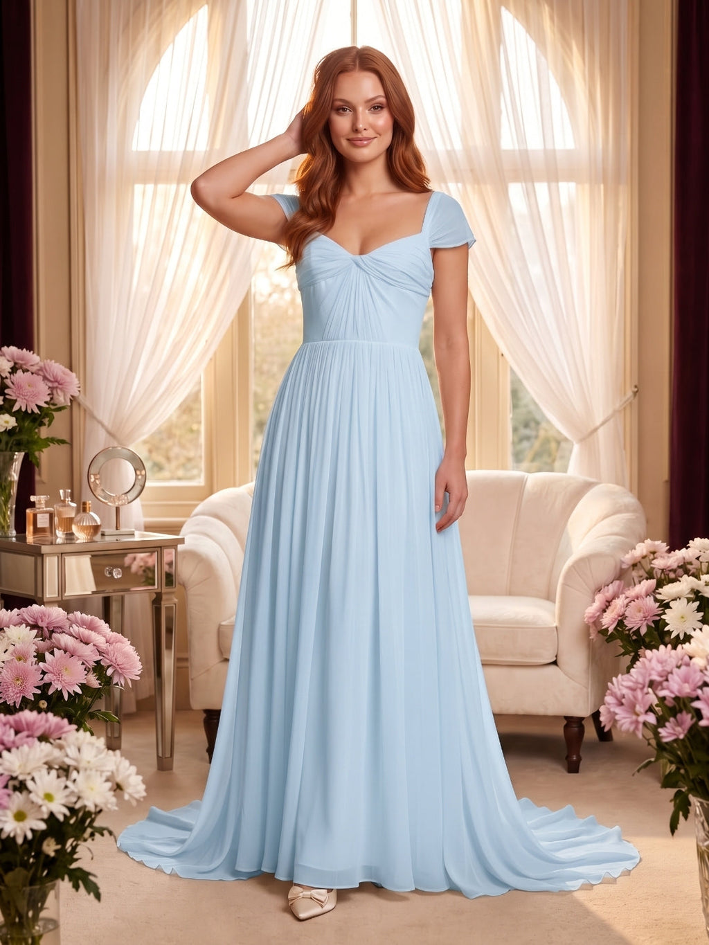 Sky Blue Chiffon A-Line Square Neck Backless Floor-Length Prom Dress - Curvevia
