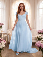 Sky Blue Chiffon A-Line Square Neck Backless Floor-Length Prom Dress - Curvevia