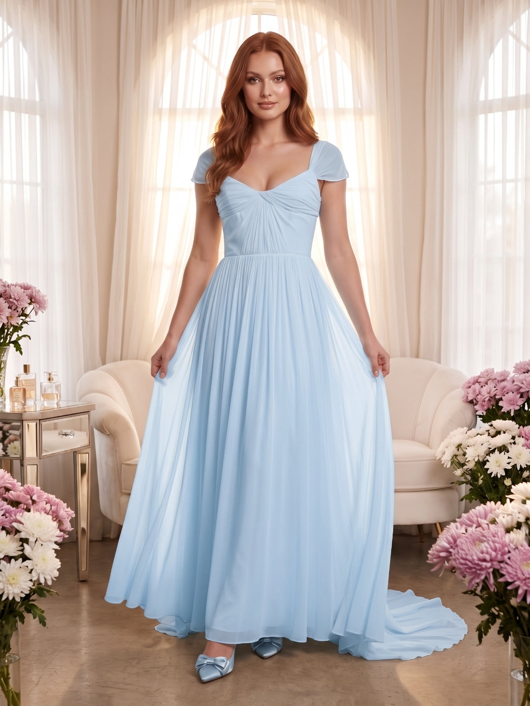 Sky Blue Chiffon A-Line Square Neck Backless Floor-Length Prom Dress - Curvevia