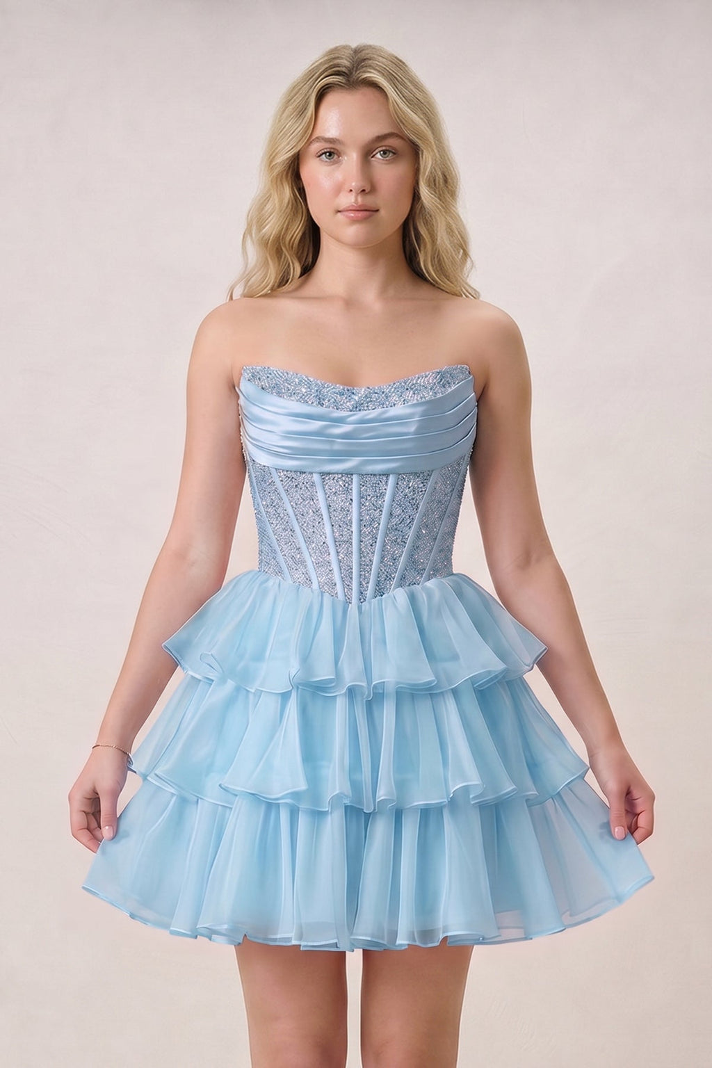 Black Strapless A Line Chiffon Beaded Mini Wedding Guest Dress With Ruffles - Curvevia