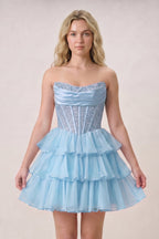 Black Strapless A Line Chiffon Beaded Mini Wedding Guest Dress With Ruffles - Curvevia