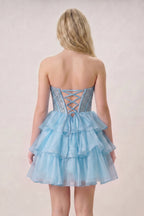 Black Strapless A Line Chiffon Beaded Mini Wedding Guest Dress With Ruffles - Curvevia