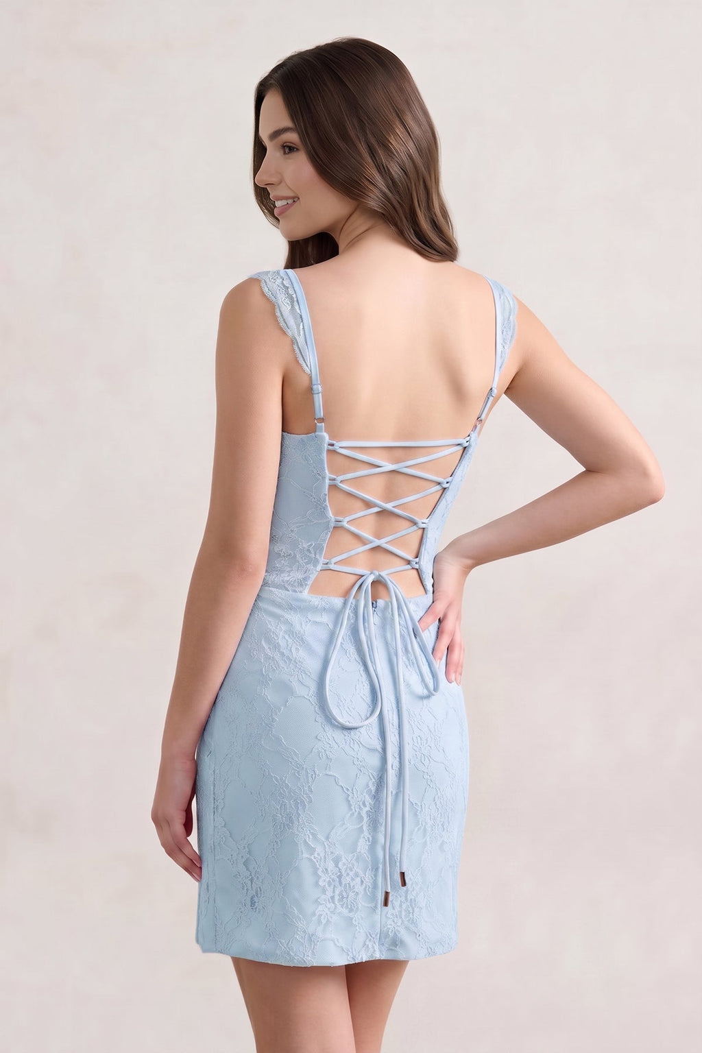 Sky Blue Scoop Neck Sheath Lace Short Homecoming Dress With Slit - Curvevia