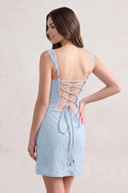 Sky Blue Scoop Neck Sheath Lace Short Homecoming Dress With Slit - Curvevia