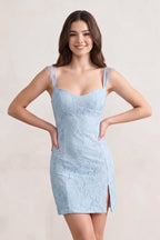 Sky Blue Scoop Neck Sheath Lace Short Homecoming Dress With Slit - Curvevia