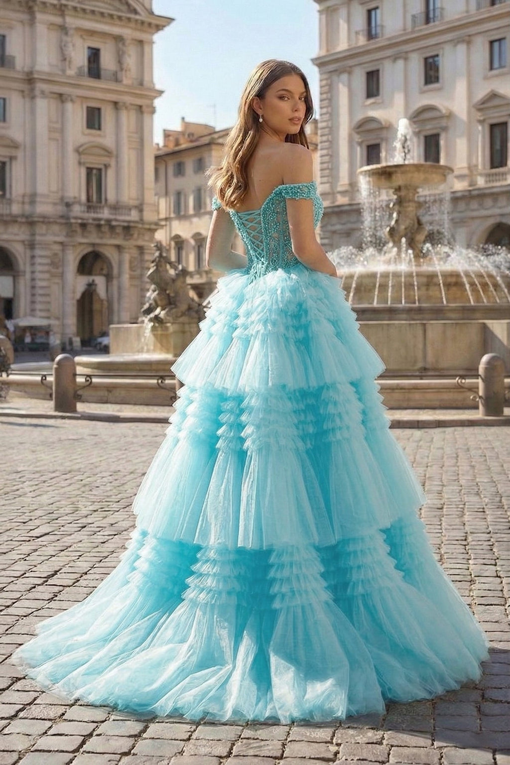 Red Tulle Off-the-Shoulder Ruffle Tiered Long Prom Dress - Curvevia