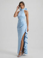 Elegant Sky Blue Satin column Halter neckline Back Zip with Bow Ankle-Length Bridesmaid Dress - Curvevia