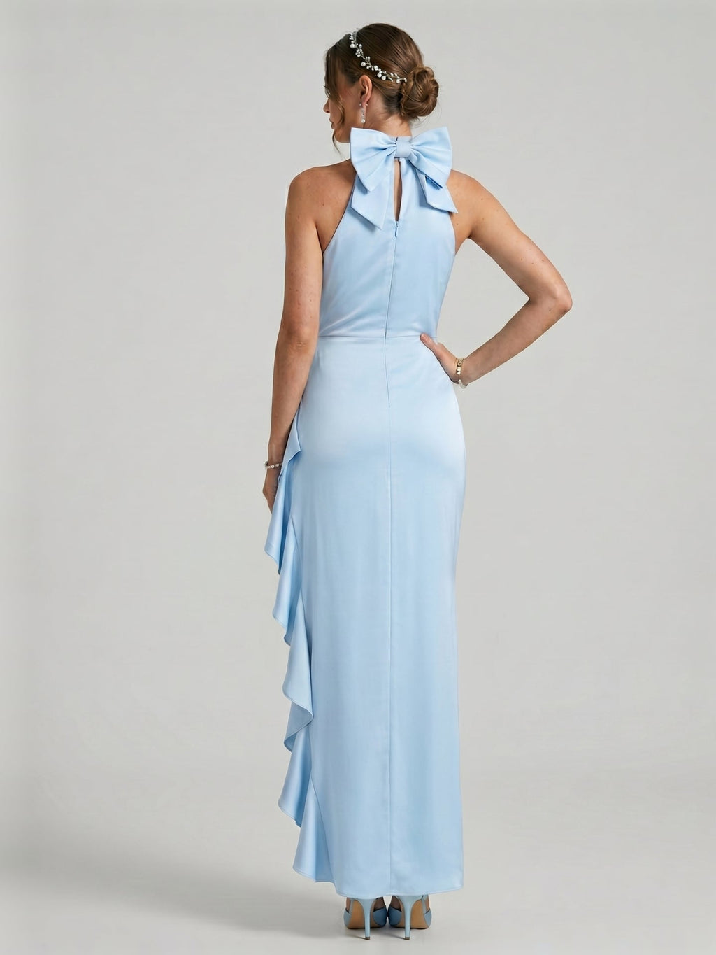 Elegant Sky Blue Satin column Halter neckline Back Zip with Bow Ankle-Length Bridesmaid Dress - Curvevia