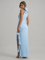 Elegant Sky Blue Satin column Halter neckline Back Zip with Bow Ankle-Length Bridesmaid Dress - Curvevia