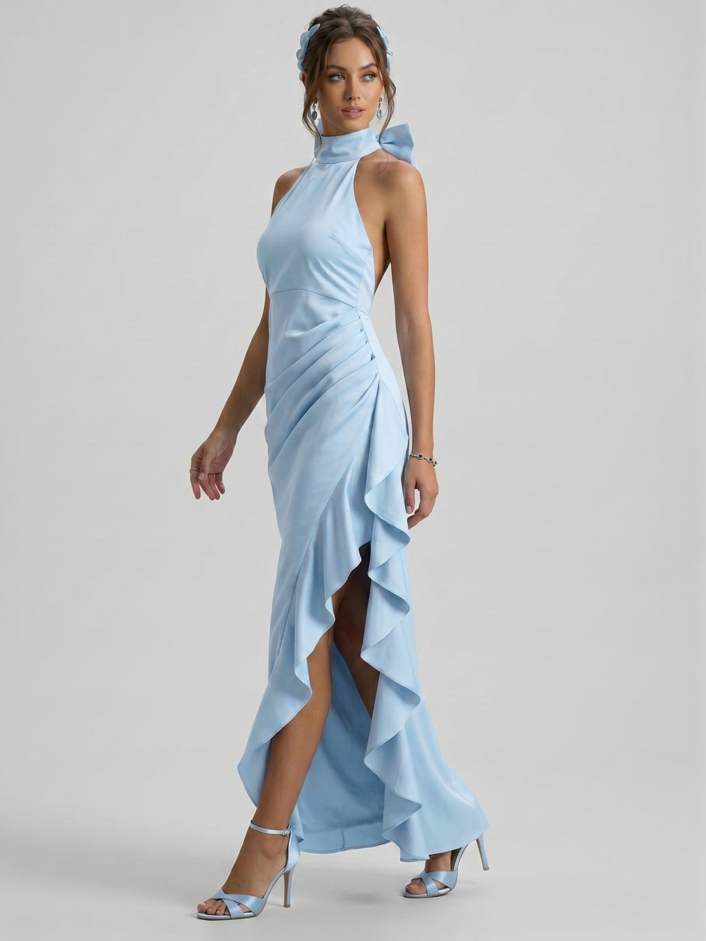 Elegant Sky Blue Satin column Halter neckline Back Zip with Bow Ankle-Length Bridesmaid Dress - Curvevia