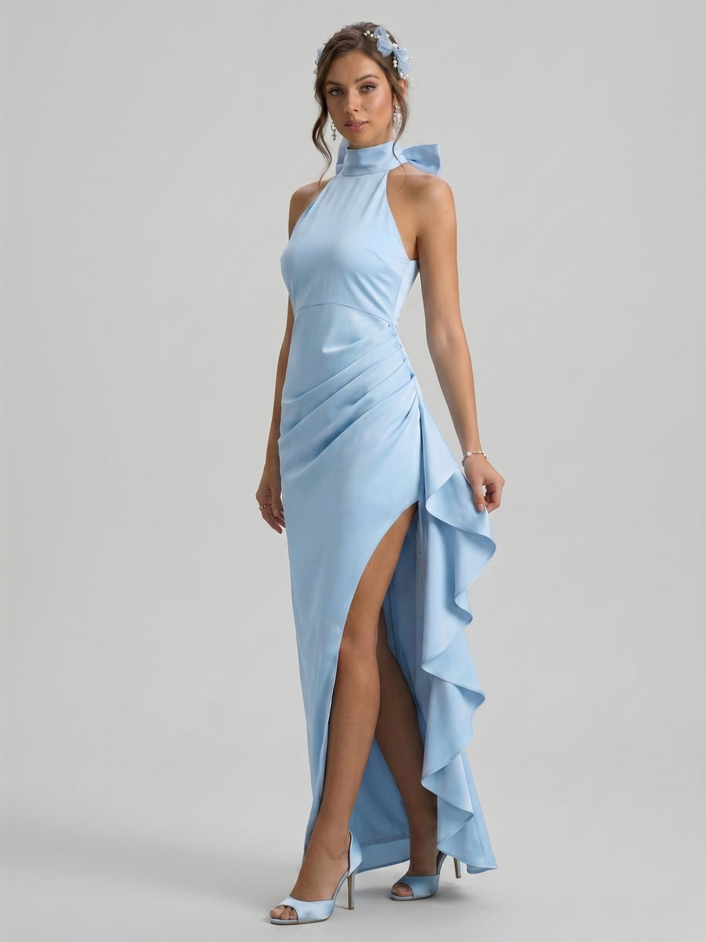Elegant Sky Blue Satin column Halter neckline Back Zip with Bow Ankle-Length Bridesmaid Dress - Curvevia