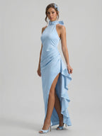 Elegant Sky Blue Satin column Halter neckline Back Zip with Bow Ankle-Length Bridesmaid Dress - Curvevia