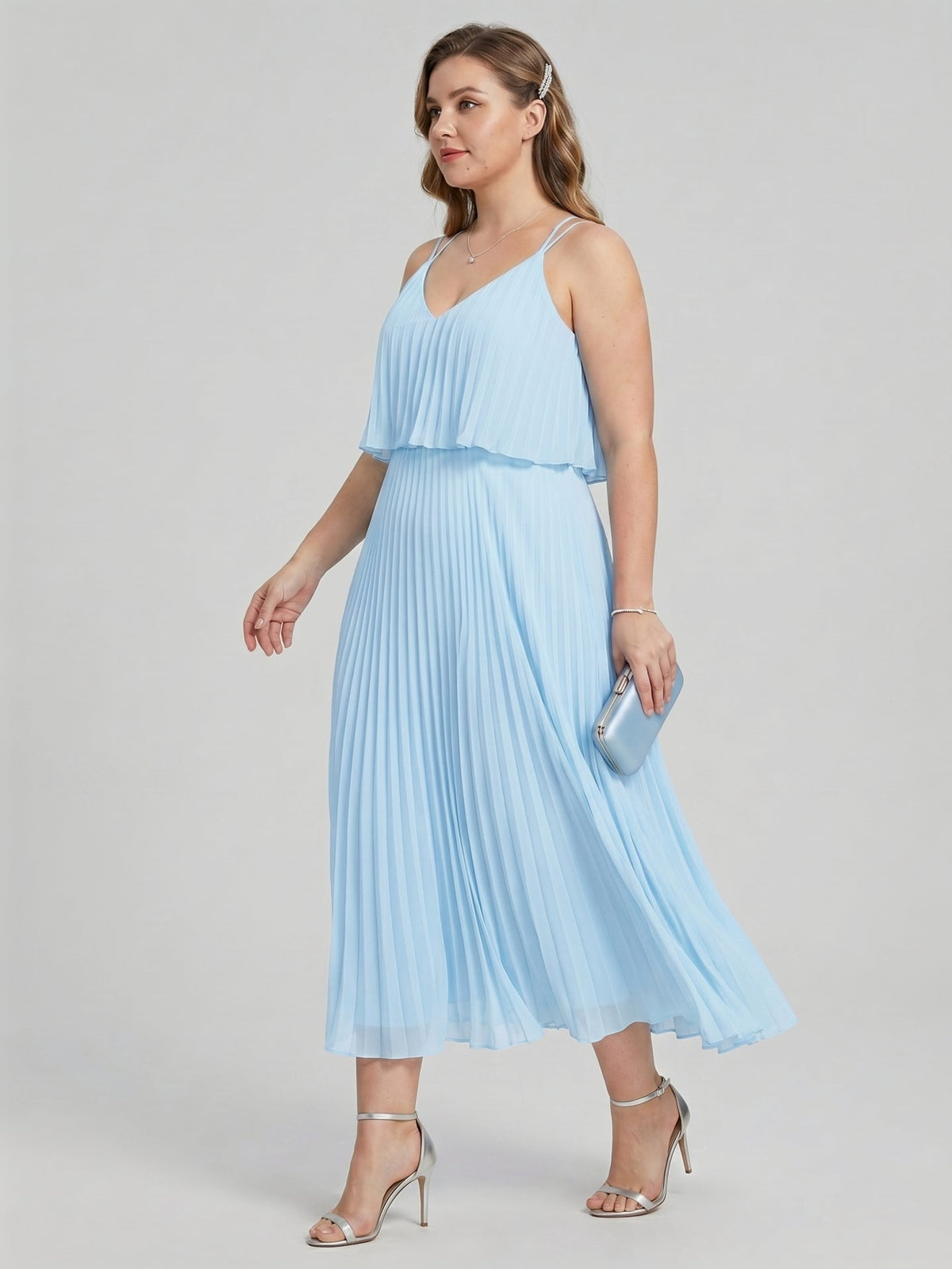 Coquette Sky Blue Chiffon A-Line V-Neck Back Zip Pleated Knee-Length Plus Size Bridesmaid Dress - Curvevia