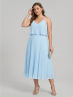 Coquette Sky Blue Chiffon A-Line V-Neck Back Zip Pleated Knee-Length Plus Size Bridesmaid Dress - Curvevia