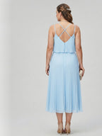 Coquette Sky Blue Chiffon A-Line V-Neck Back Zip Pleated Knee-Length Plus Size Bridesmaid Dress - Curvevia