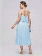 Coquette Sky Blue Chiffon A-Line V-Neck Back Zip Pleated Knee-Length Plus Size Bridesmaid Dress - Curvevia