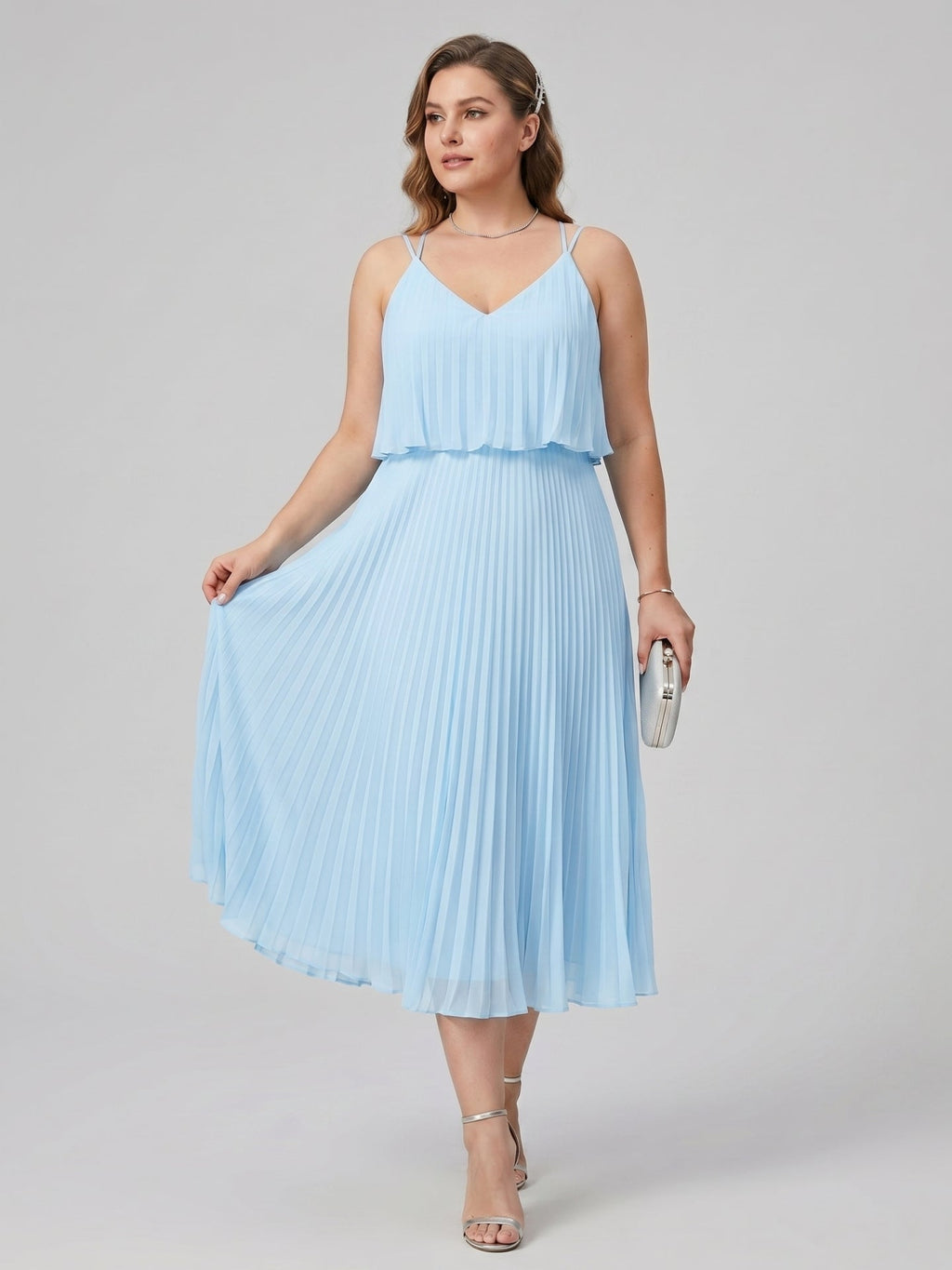 Coquette Sky Blue Chiffon A-Line V-Neck Back Zip Pleated Knee-Length Plus Size Bridesmaid Dress - Curvevia