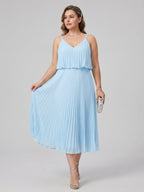 Coquette Sky Blue Chiffon A-Line V-Neck Back Zip Pleated Knee-Length Plus Size Bridesmaid Dress - Curvevia